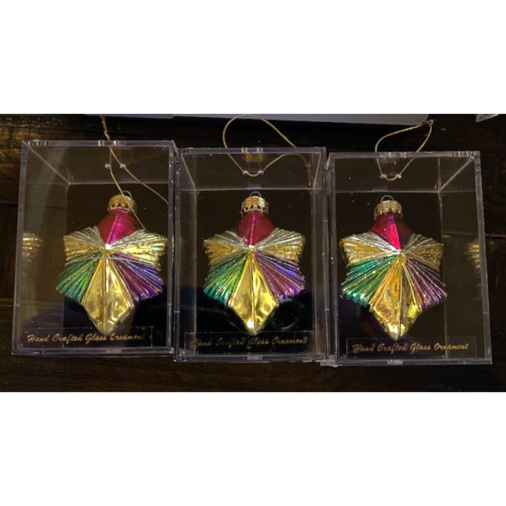 Glass Star Ornament Set of Three New In Box Multicolor